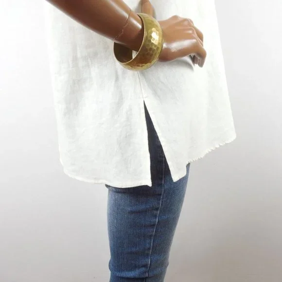 ANNE CARSON Top 2X Linen Blouse Ivory V-Neck Brown Embroidery Leaves Wood Beads - Picture 7 of 10